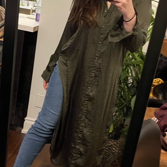 Zara Forest Green Button Down Embroidered Maxi Blouse Kimono. Size Small - Picture 3 of 15